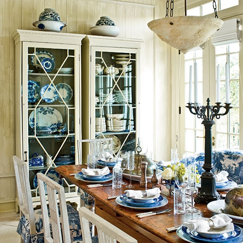 Dining Set with X-muntin Cabinetry for Blue and White Dining Room