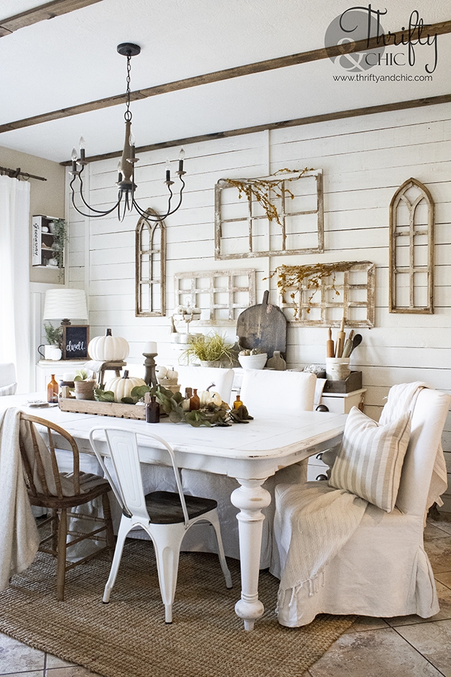 Dining Table: Aged Sanded Finish and Shiplap Wall Backdrop