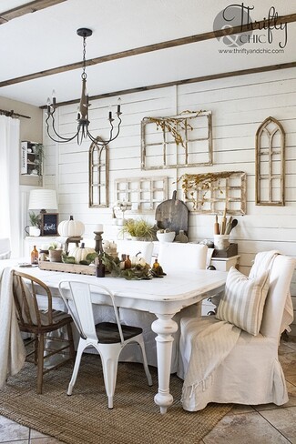 Dining Table: Aged Sanded Finish and Shiplap Wall Backdrop