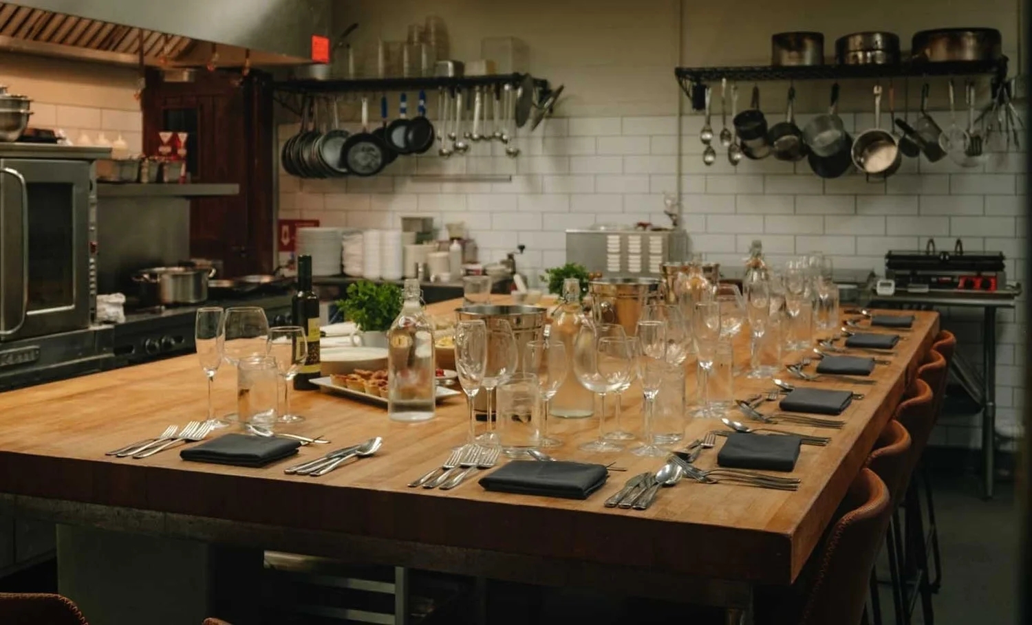 Dining Table Butcher Block Top With Navy Blue Napkins