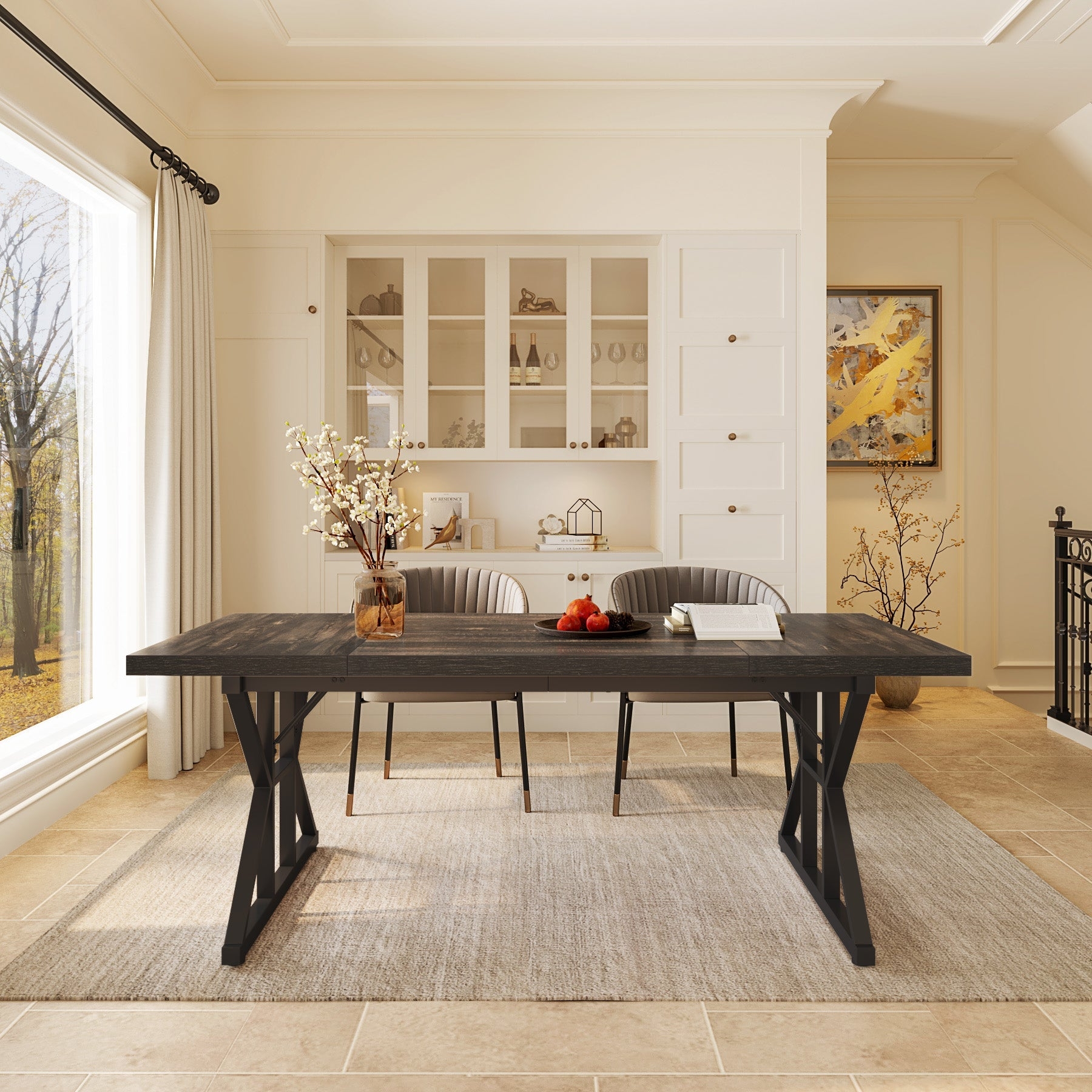 Dining Table Charcoal Wood Grain X-Frame Trestle Base