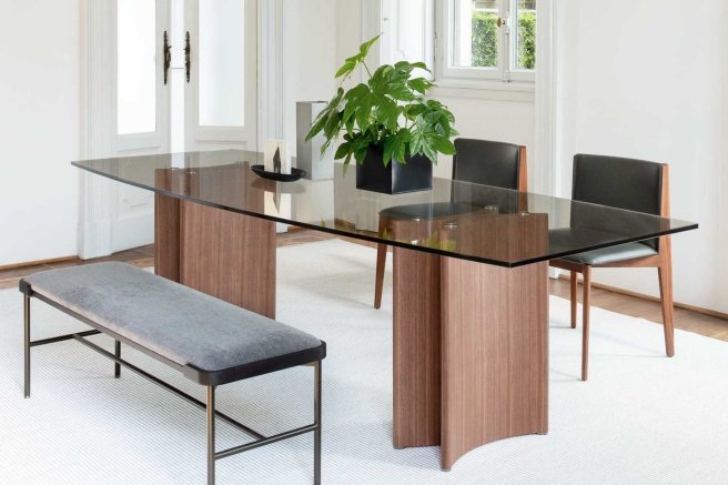 Dining Table Curved Wood Pedestals and Smoked Glass Top