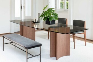 Dining Table Curved Wood Pedestals and Smoked Glass Top