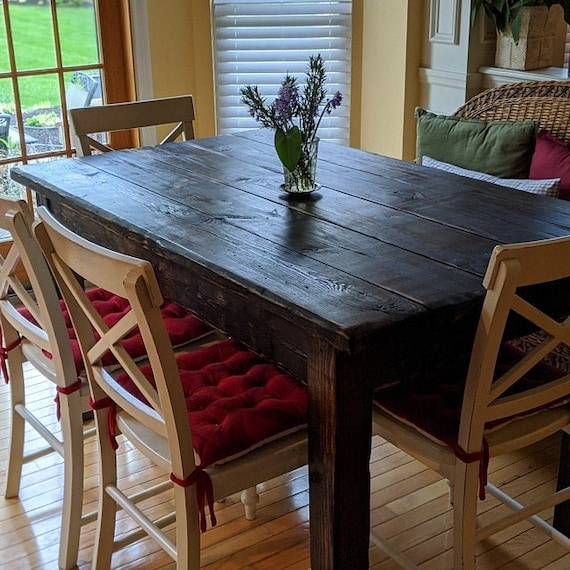 Dining Table: Dark Wood Plank Top With Rustic Crossback Seating