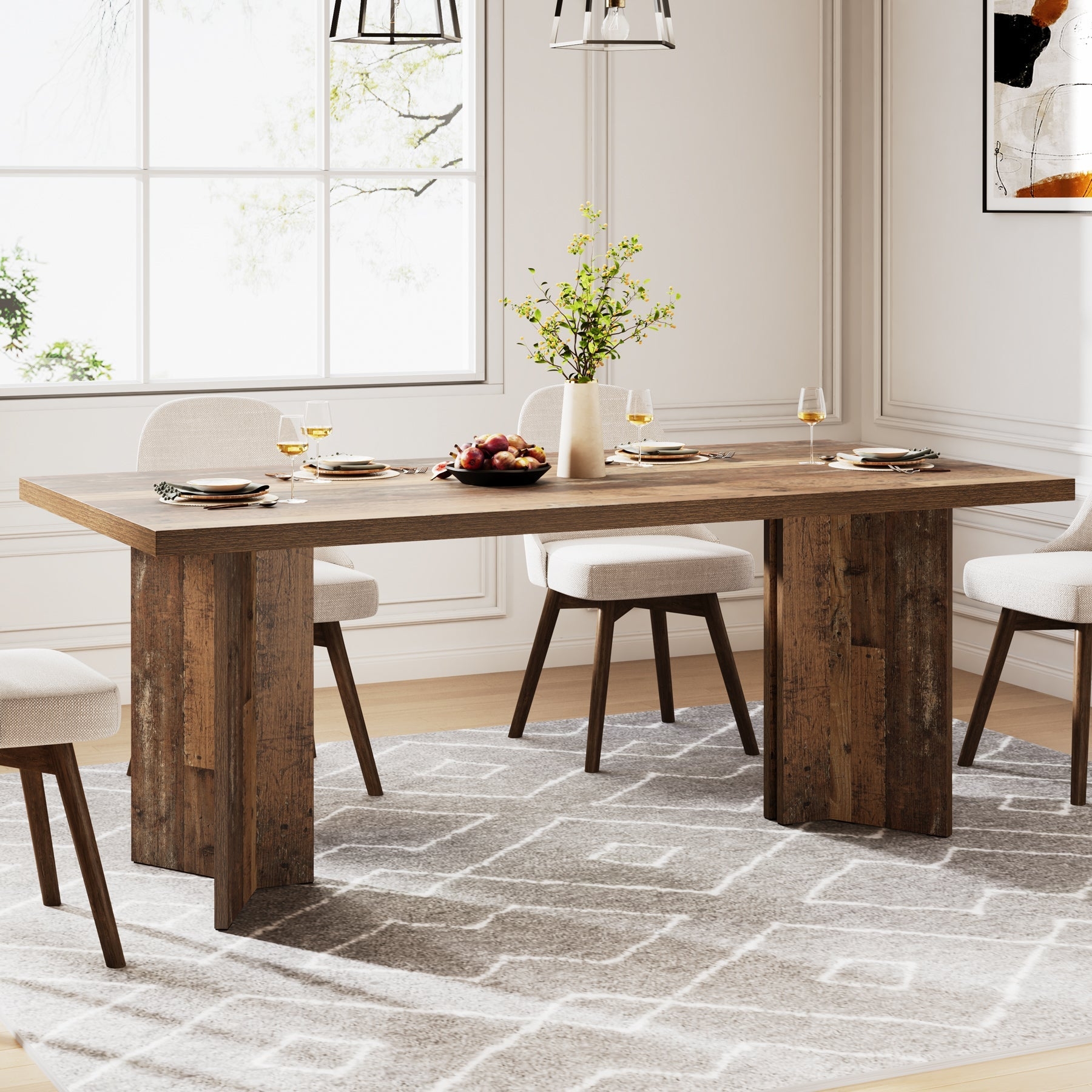 Dining Table: Distressed Brown Modern Slab Legs
