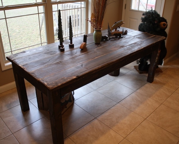 Dining Table: Distressed Dark Wood Planked Top Farmhouse Style