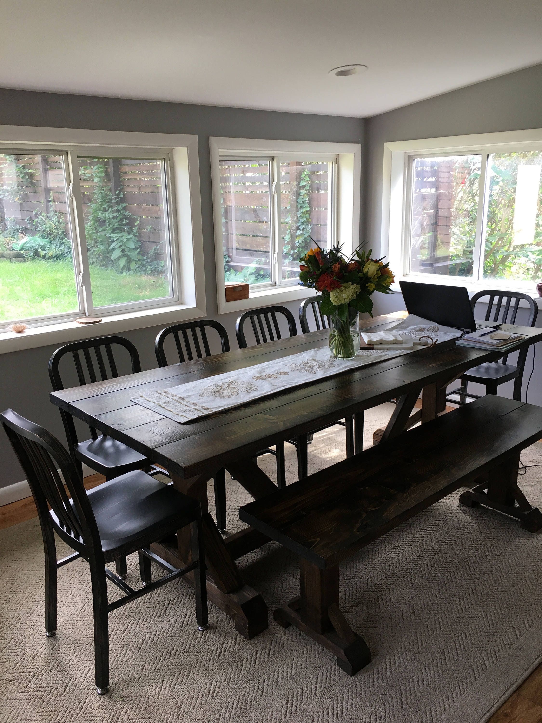 Dining Table Ebony Brown X-Frame Mixed Seating Set
