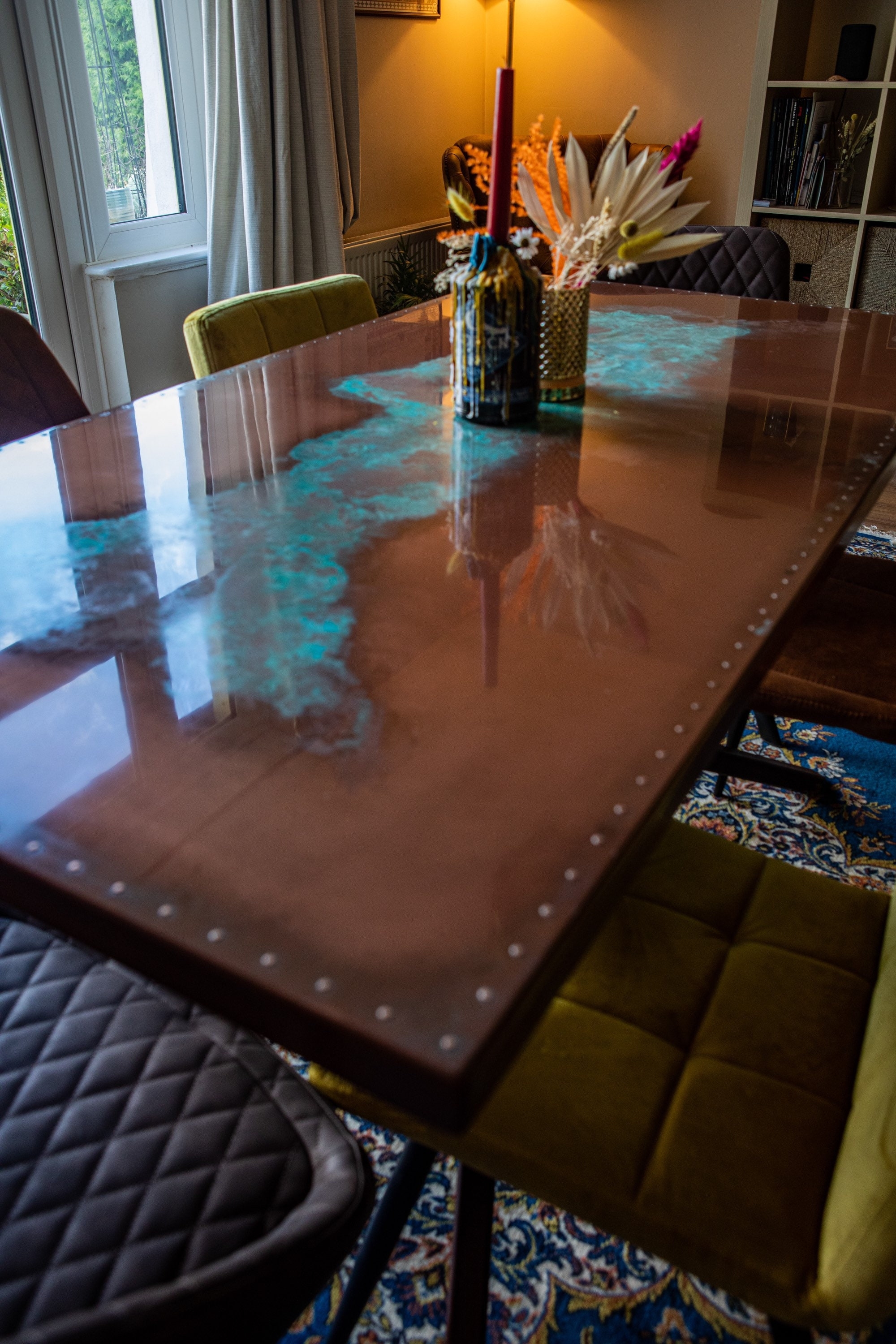 Dining Table: Glossy Metallic Top with Turquoise Patina