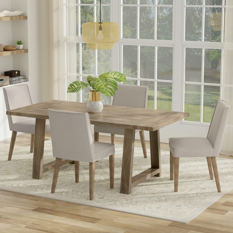 Dining Table: Grey Wash Farmhouse Table with Stretcher Base