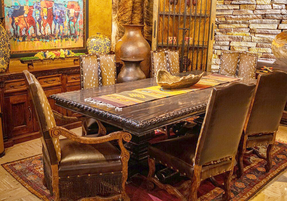 Dining Table: Inlaid Copper Strip and Rope Edge Carving