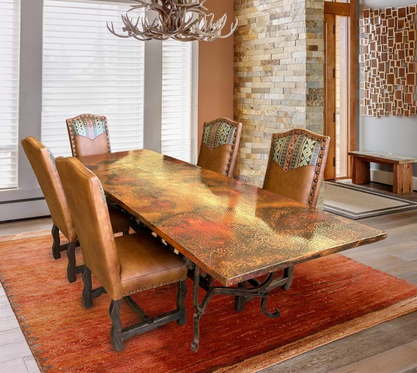 Dining Table: Iron Lyre Base and Custom Hammered Metal Top