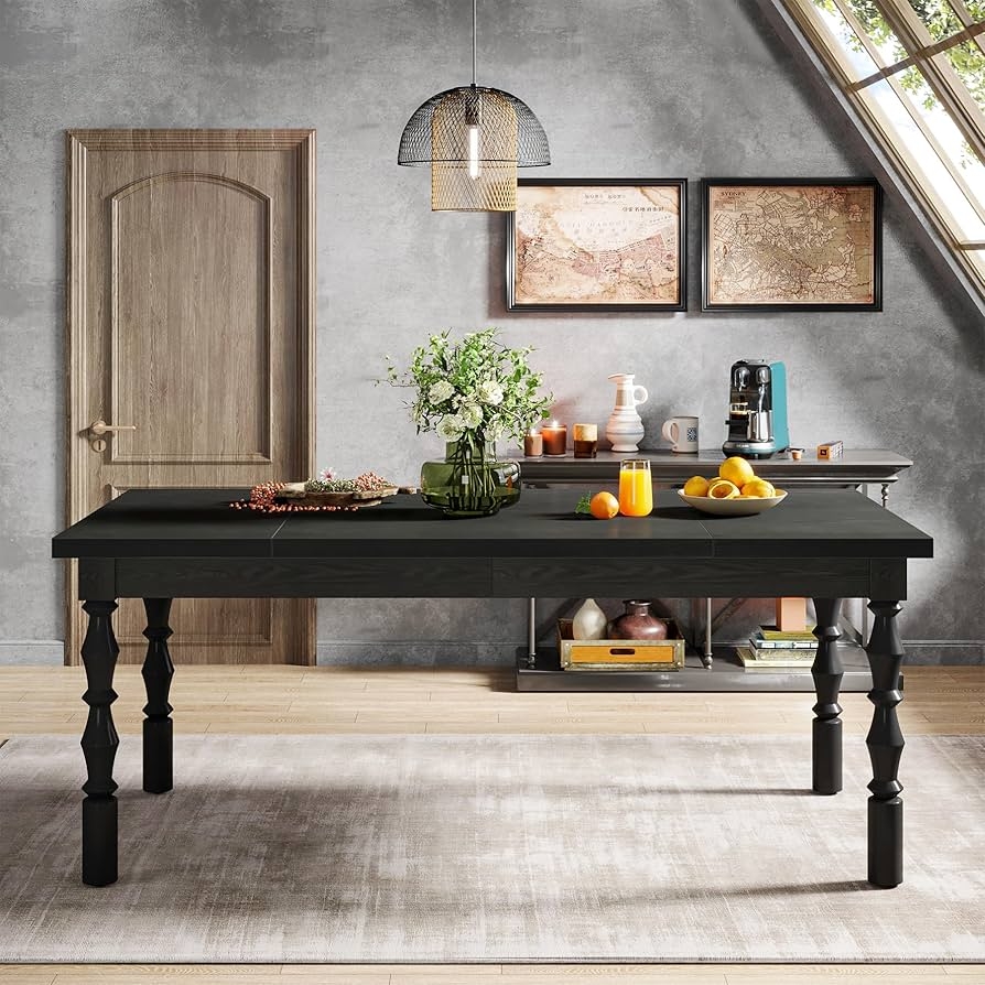 Dining Table Matte Black Wood Grain Carved Turned Legs