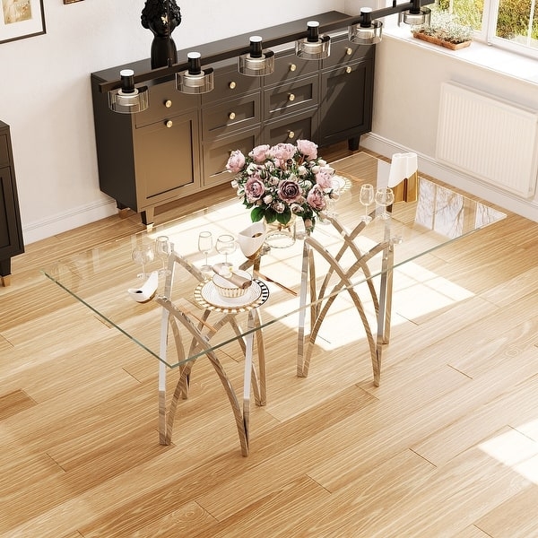 Dining Table Mirrored Crown Base and Clear Tempered Glass