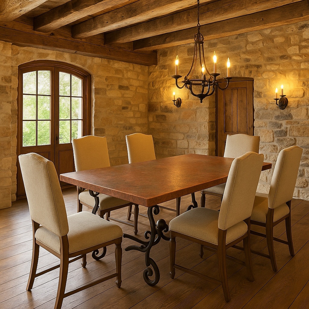 Dining Table: Ornate Metal Legs and Mottled Surface Top