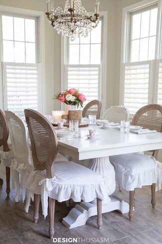Dining Table: Pedestal Base and Ruffled Slipcovers Furniture