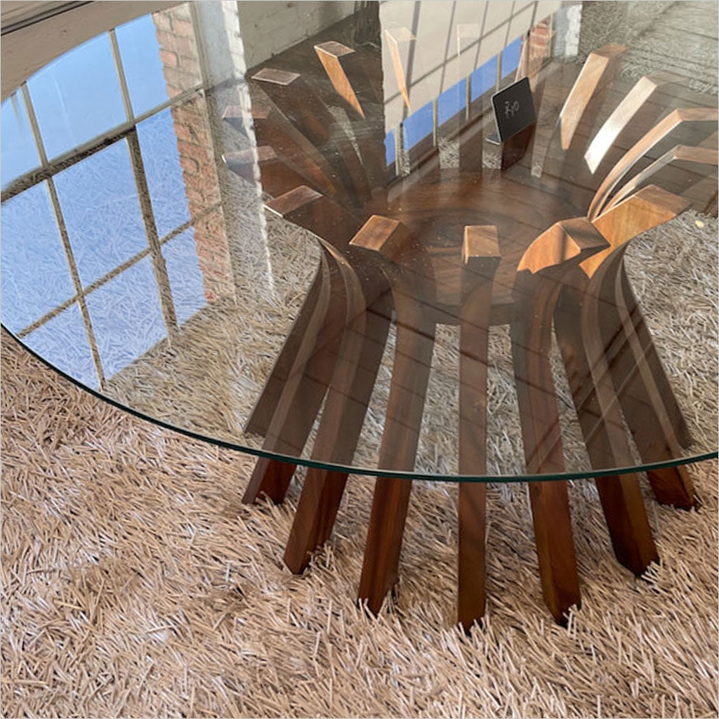 Dining Table Radial Slat Base and Architectural Round Glass Top