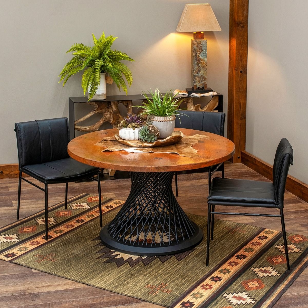 Dining Table: Round Copper Top with Twisted Spoke Pedestal
