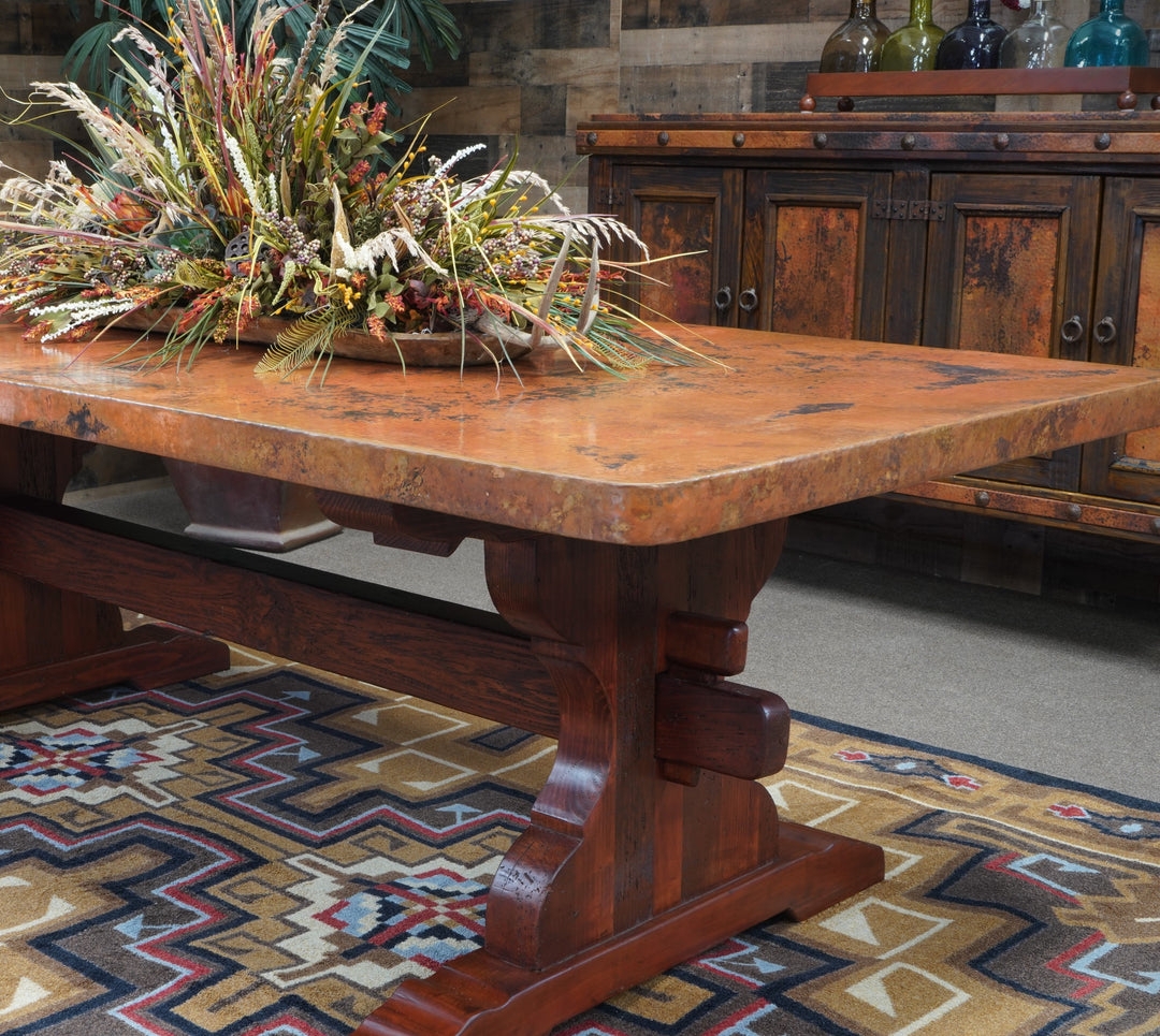 Dining Table: Rustic Trestle Wood Base with Thick Profile