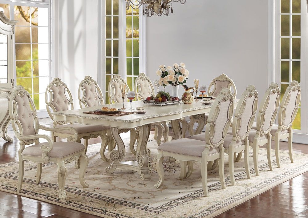 Dining Table Set Button Tufted in Antique White Finish