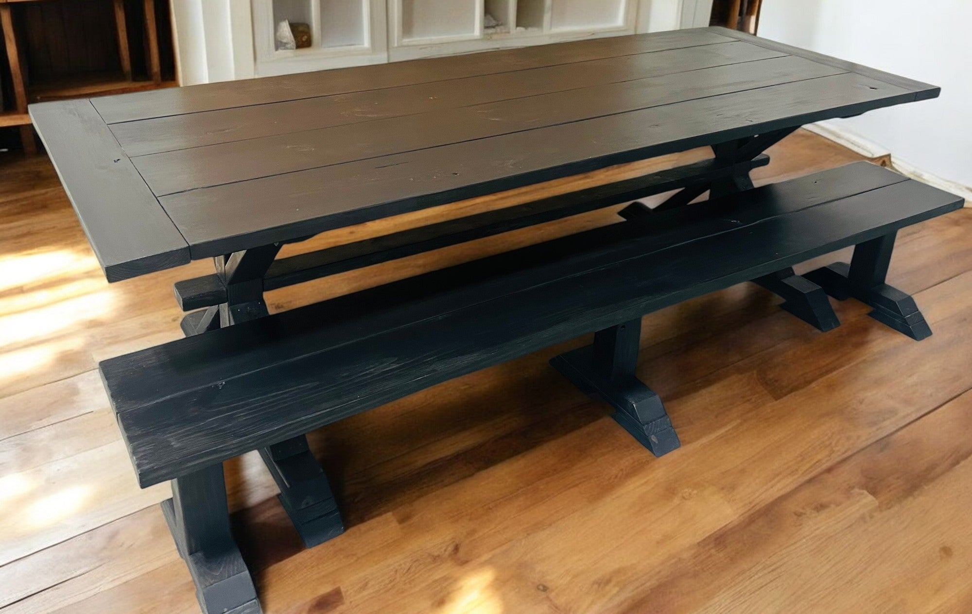Dining Table Set Charcoal Black Planked Wood Trestle