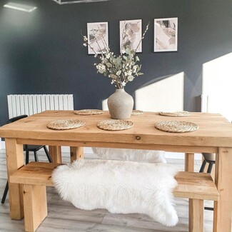Dining Table Set: Chunky Wood Dining Set and Scandi-Rustic Faux Fur