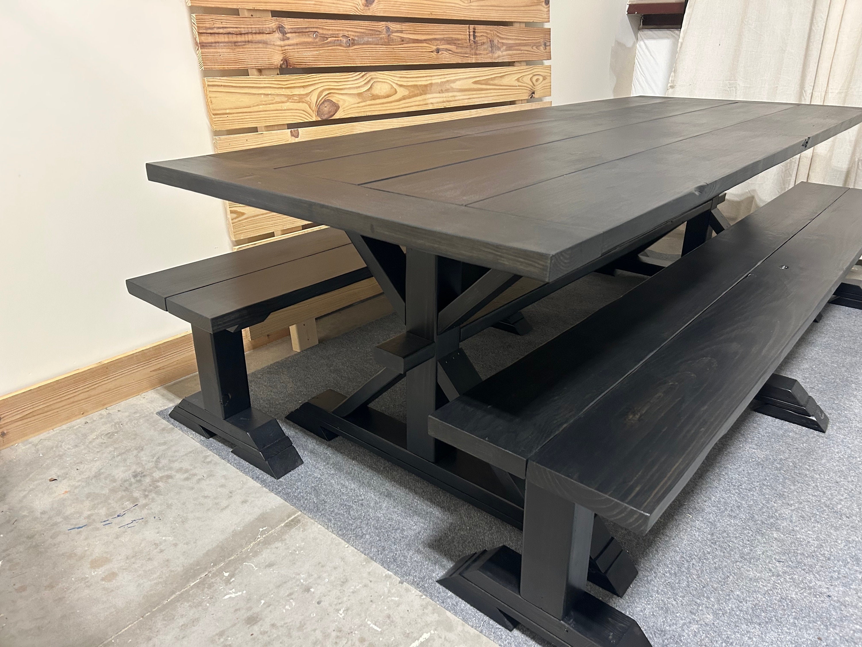 Dining Table Set Ebony Black Planked Wood Top Benches