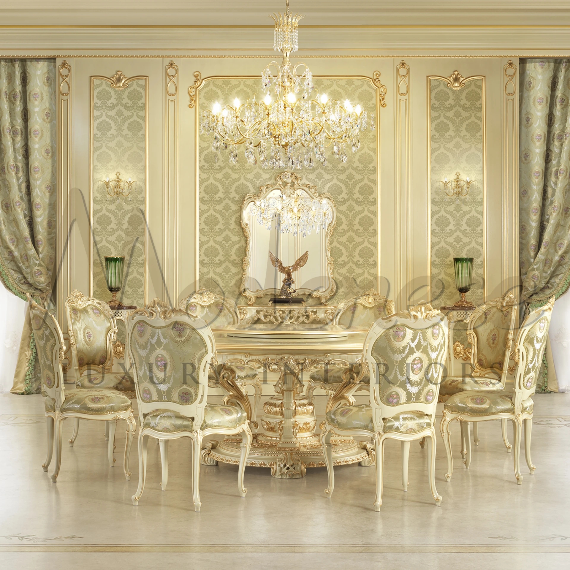 Dining Table Set Gold Leaf and Sage Damask Pattern