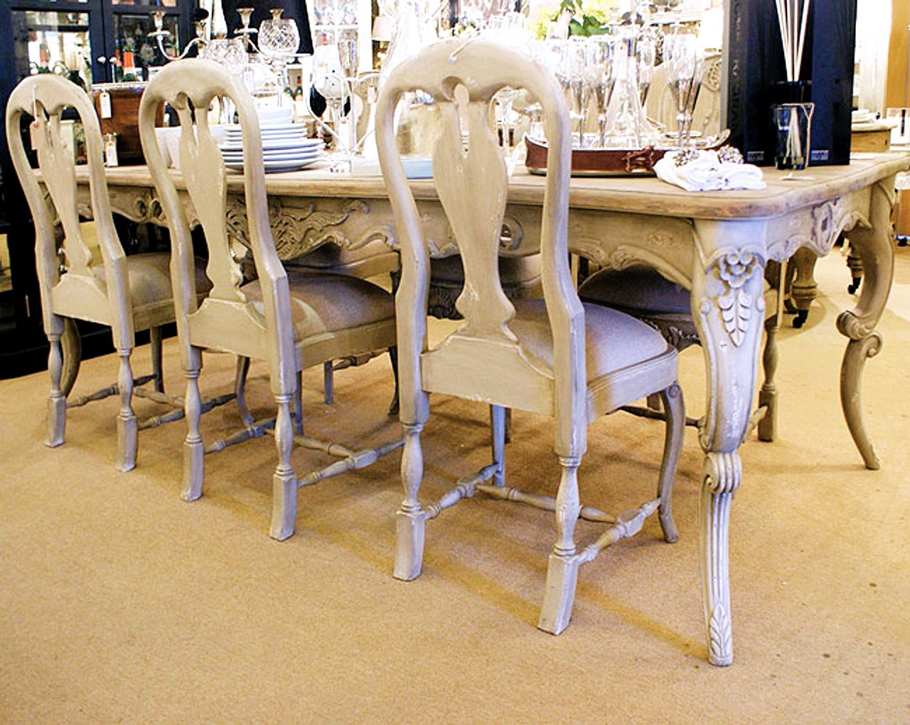 Dining Table Set in Distressed Grey with Ornate Carved Apron