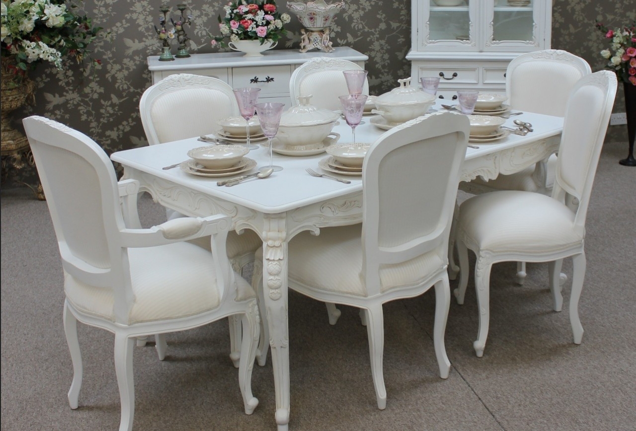 Dining Table Set showcasing Ornate Carvings and Satin White Finish
