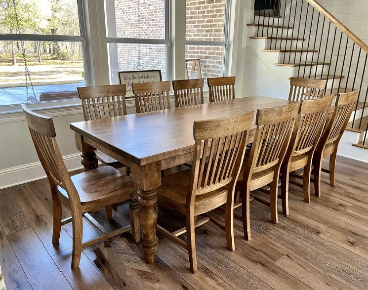 Dining Table Set: Slat Back Amber Brown Seating