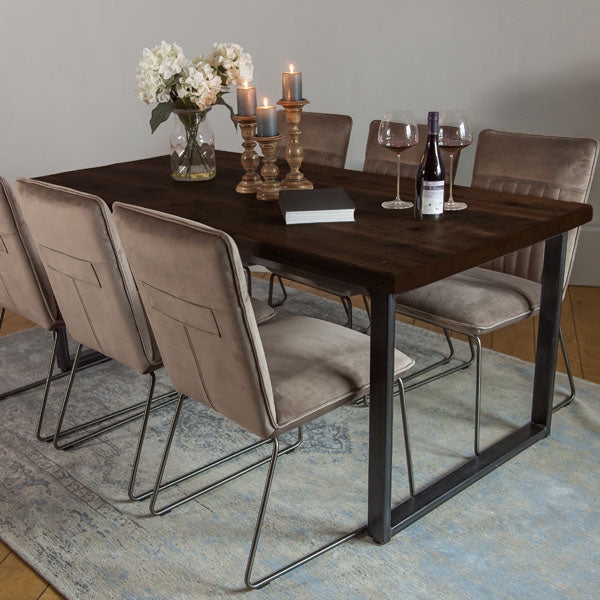 Dining Table Set: Thick Wood Top with Velvet Sled Base Chairs