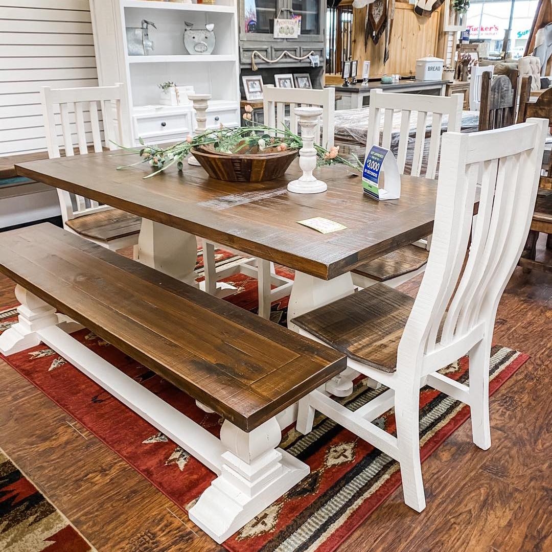 Dining Table Set: Two-Tone Walnut Wood Trestle Base Design