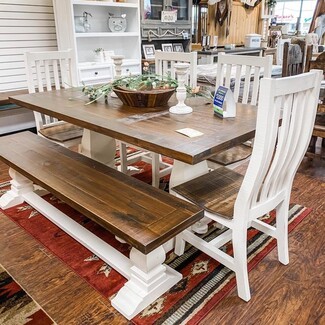 Dining Table Set: Two-Tone Walnut Wood Trestle Base Design