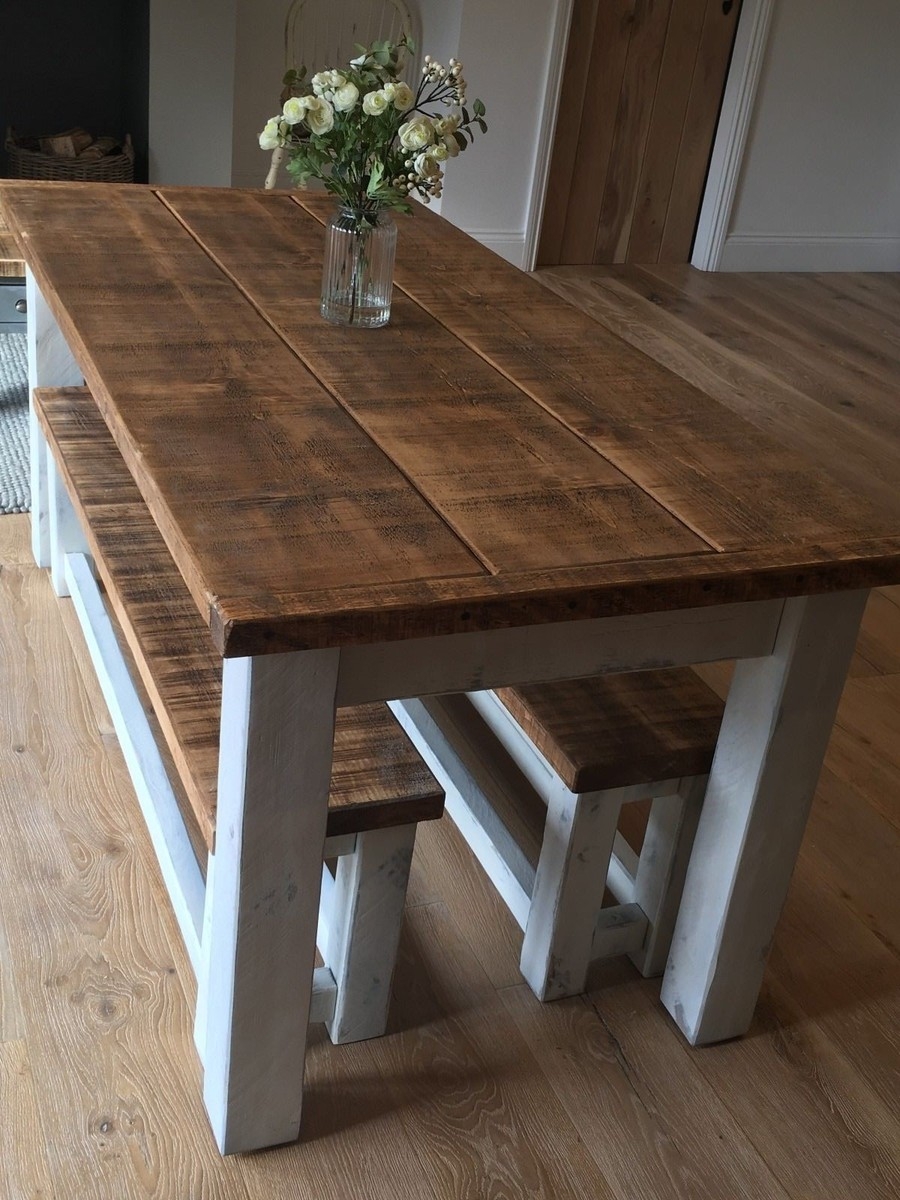 Dining Table Set: White Painted Dining Set with Plank Top