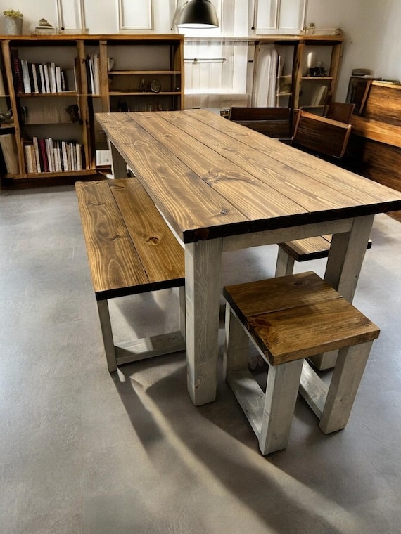Dining Table Set: Whitewashed Table Base and Planked Surface