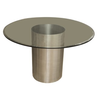 Dining Table Smoky Glass Top Brushed Metal Pedestal Furniture