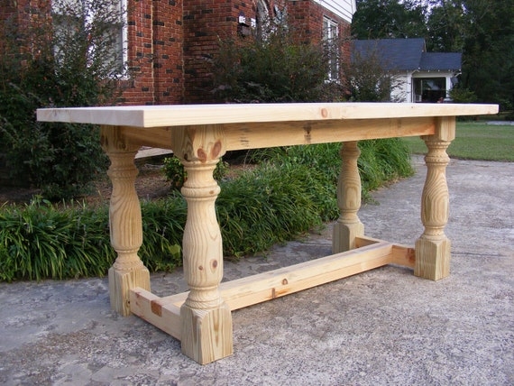 Dining Table: Solid Pine Chunky Turned Leg Wood Table