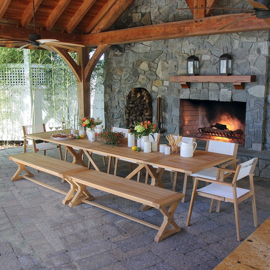 Dining Table: Teak Extension Leaf and Matching Benches