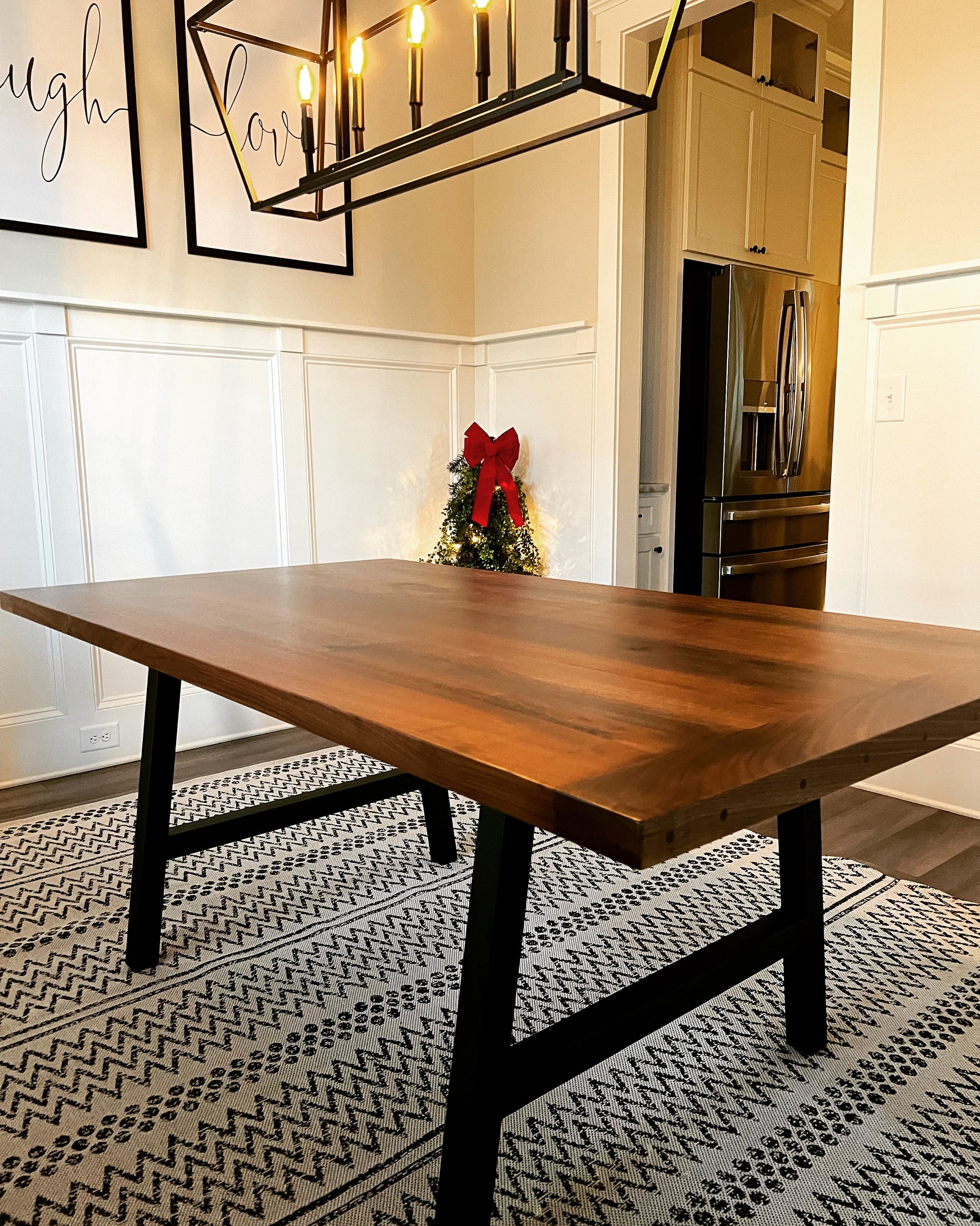 Dining Table Walnut Brown Top A-Frame Metal Leg Design