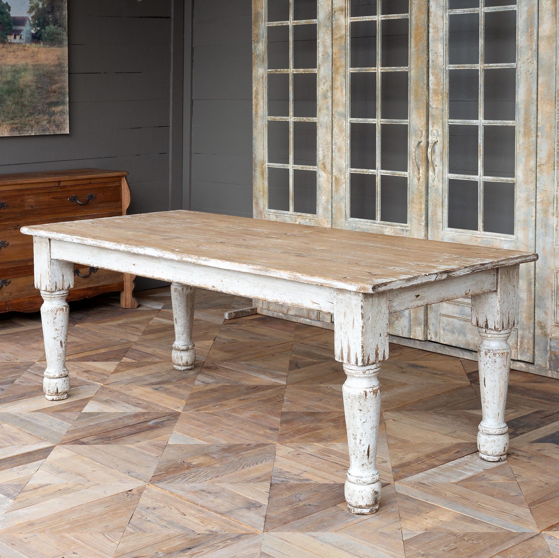 Dining Table with Baluster Legs and Distressed Whitewashed Base