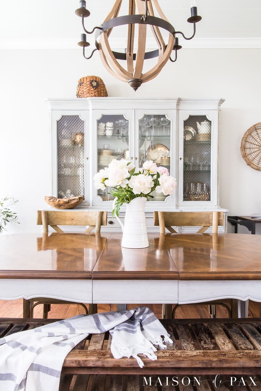 Dining Table with Glossy Wood Top and Wire Front China Cabinet