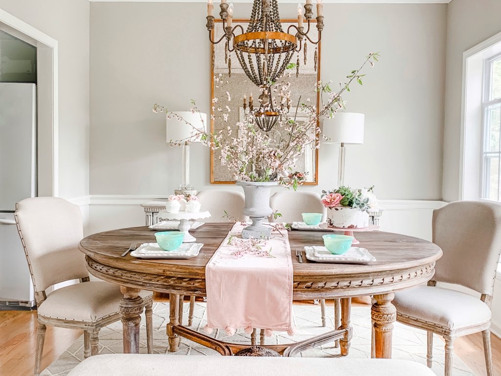 Dining Table with Nailhead Trim Chairs and Beaded Chandelier