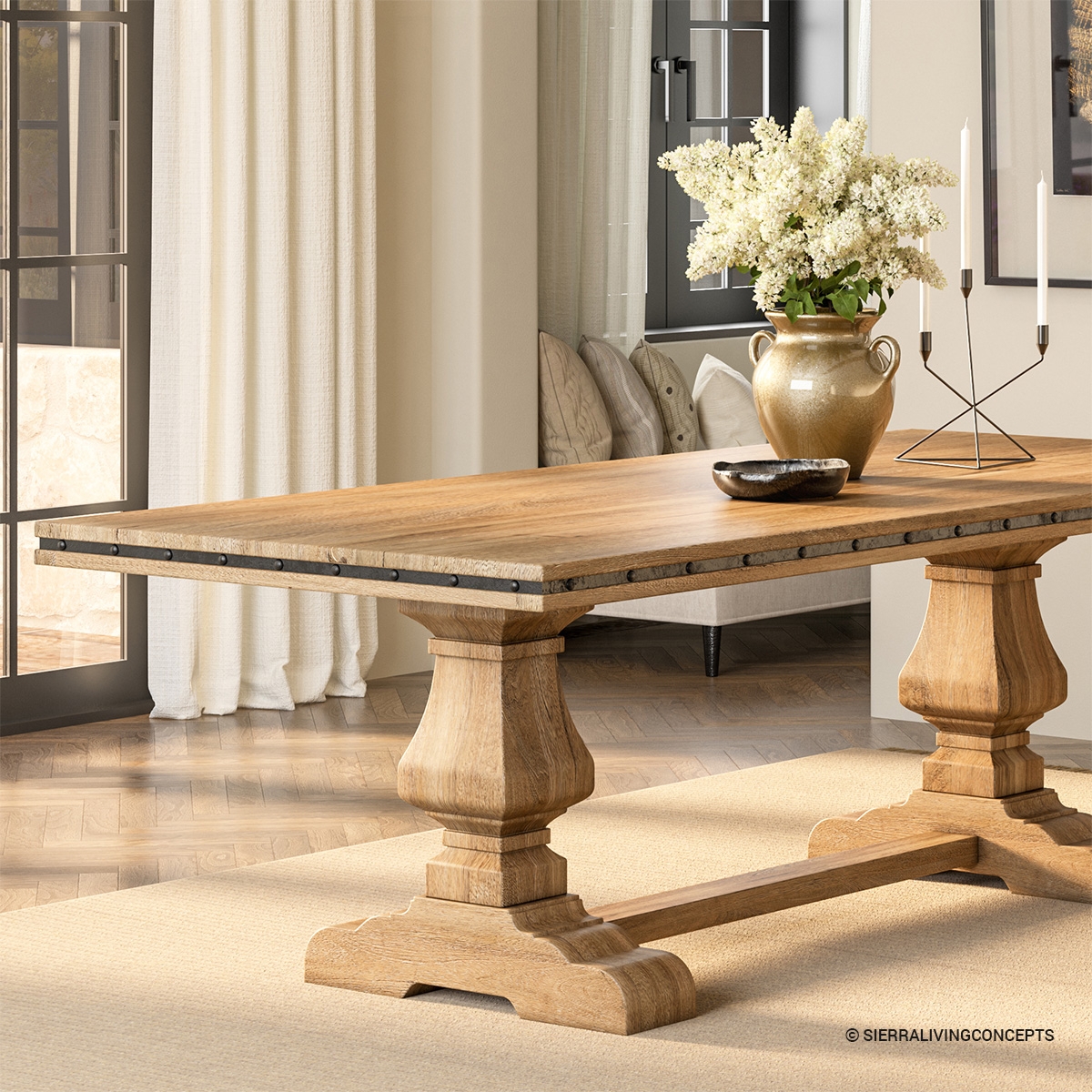 Dining Table with Riveted Metal Trim and Carved Trestle Pedestals