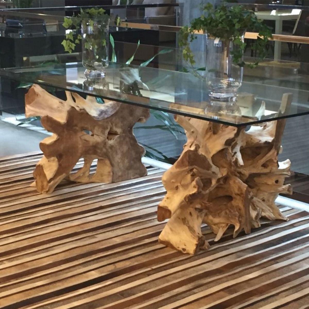 Dining Table with Sculptural Teak Root Base and Glass