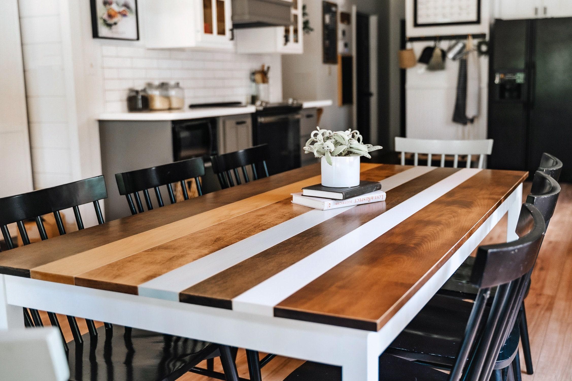 Dining Table with Striped Wood Kitchen Table and Multi Tone Base