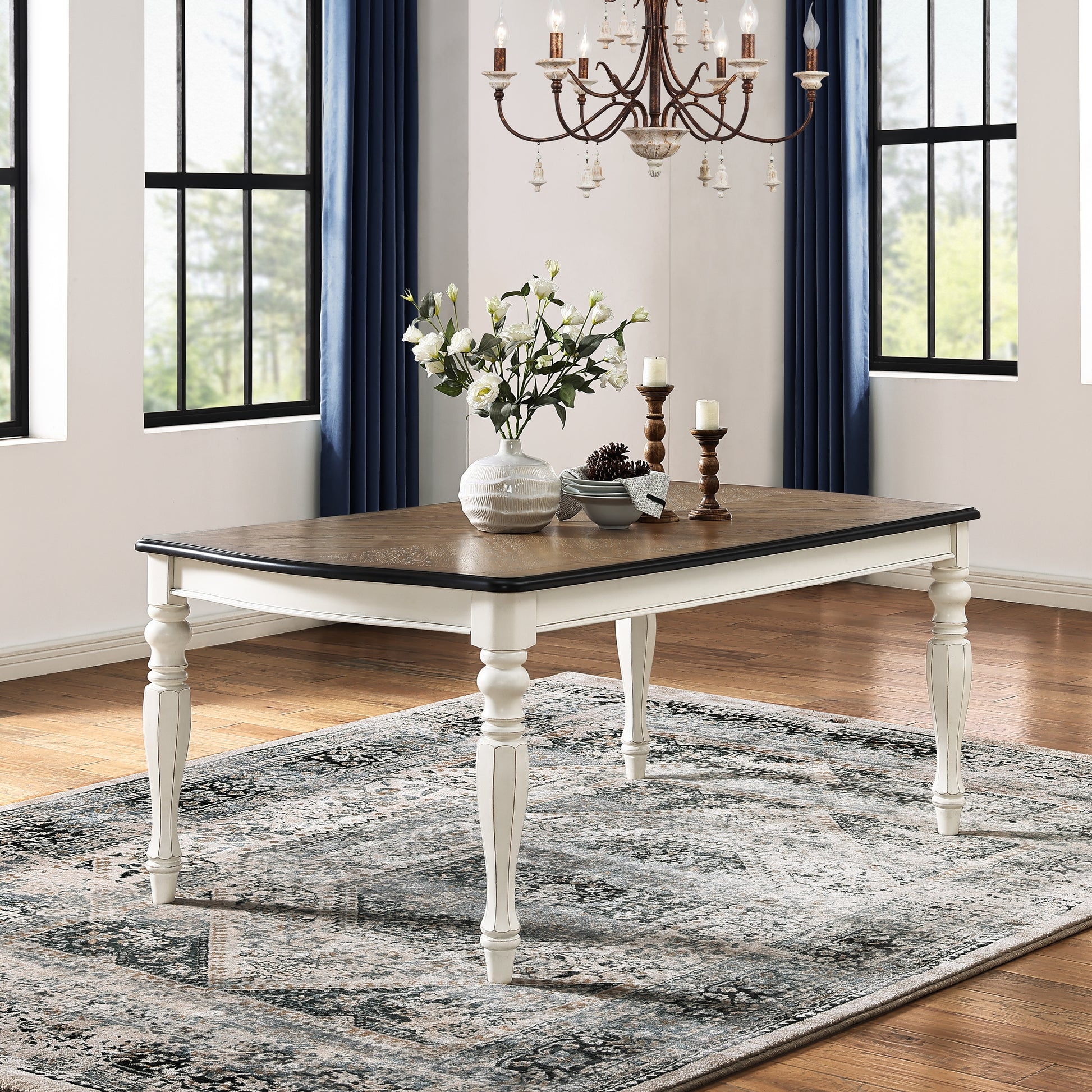 Dining Table with Two Tone Finish and Dark Perimeter Tabletop Edge