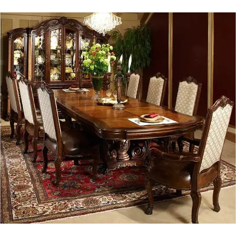 Dining Table Wood Inlay Top and Double Pedestal Base