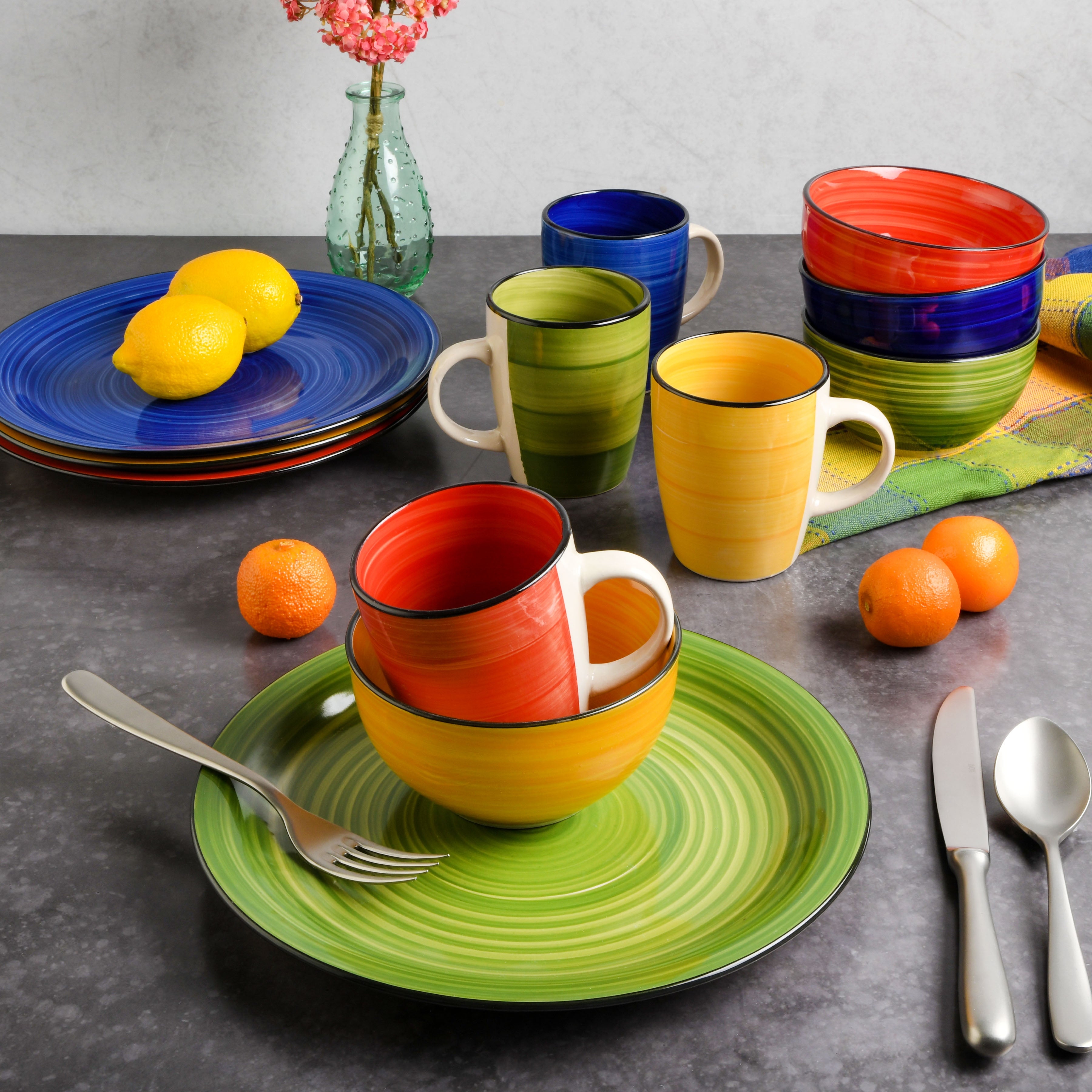 Dinnerware Set Hand Painted Spirals - Bohemian Mixed Color Settings
