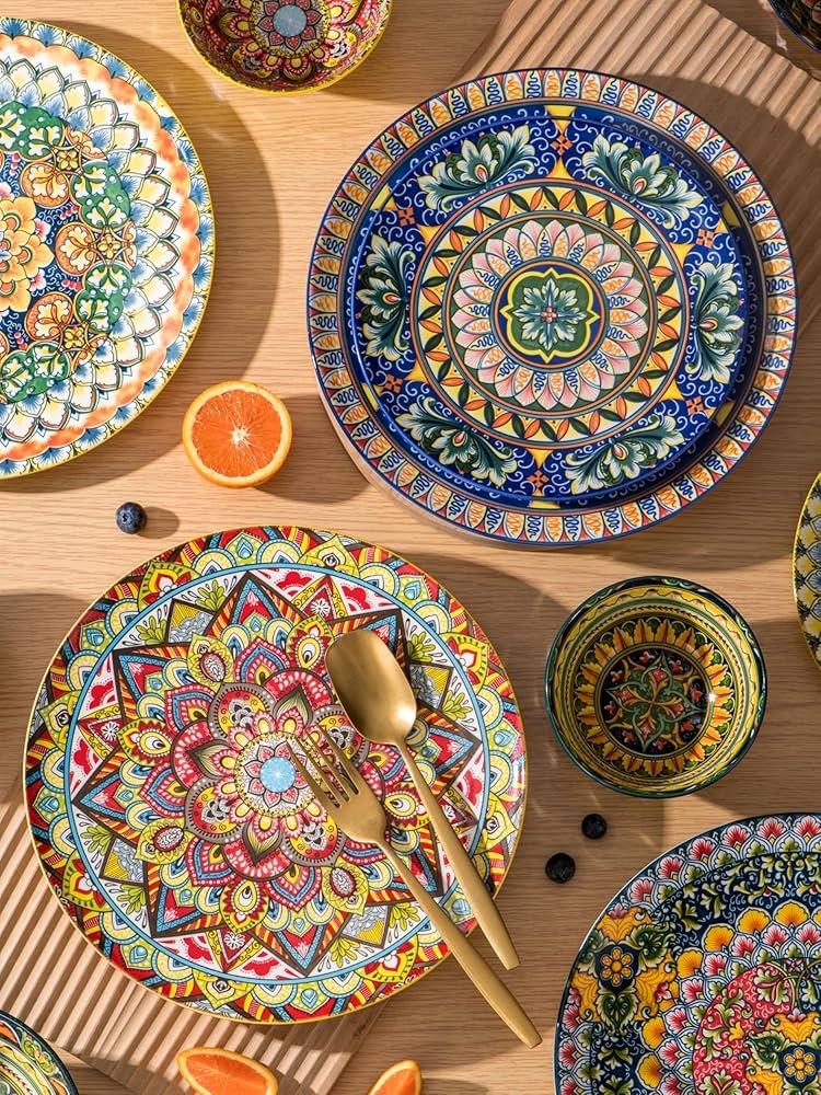 Dinnerware Set Vibrant Mandala Plates - Maximalist Kitchen Styling
