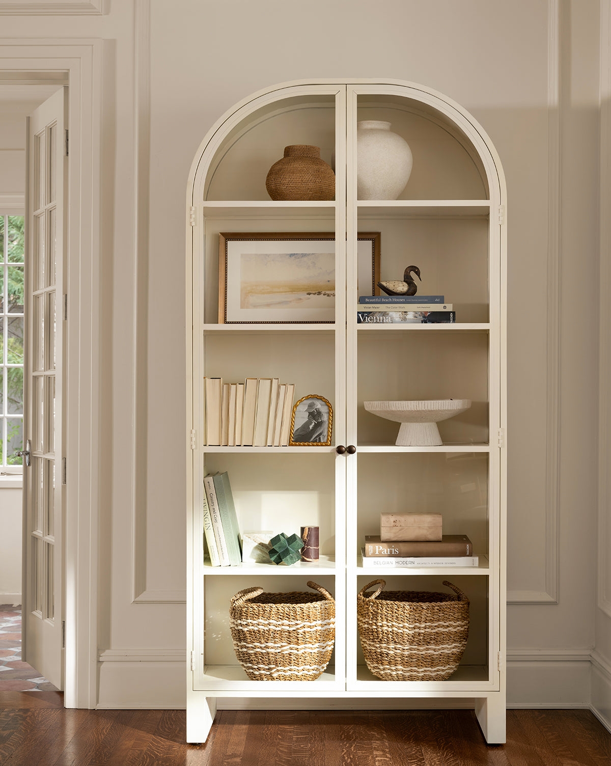 Display Cabinet: Arched Creamy White Glass Hutch